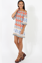 Orange Paisley Print Bardot Frill Trim Dress - Tanya