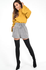 Black White Houndstooth Paper Bag Waist Shorts - Rhyla