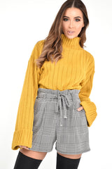 Black White Houndstooth Paper Bag Waist Shorts - Rhyla