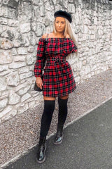 Red Tartan Belted Bardot Dress - Deondra