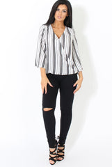 Black and White Stripe Cross over Front Detail Top- Tasha