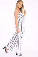 White and Black Stripe Plunge Tie Waist Jumpsuit - Tashi
