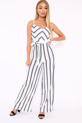 White and Black Stripe Plunge Tie Waist Jumpsuit - Tashi
