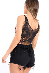 Black Lace Flower Embroidered Tassel Hem Crop Top - Pandora