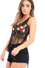 Black Lace Flower Embroidered Tassel Hem Crop Top - Pandora