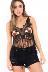 Black Lace Flower Embroidered Tassel Hem Crop Top - Pandora