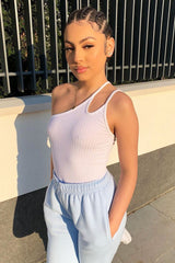 White Ribbed Double Strap One Shoulder Bodysuit - Lavia