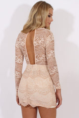 Nude Lace High Neck Mini Dress - Taya