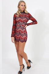 Wine and Purple Lace High Neck Mini Dress - Taya