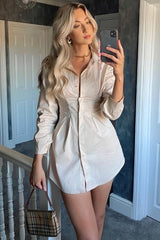 Stone Tailored Waist Long Sleeve Shirt Dress - Laritza