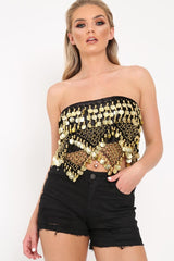 Black And Gold Velvet Top with Sequin and Coin Tassels - Taytem