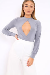 Grey Slinky Key Hole Wrap Front Bodysuit - Tazmin