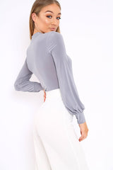 Grey Slinky Key Hole Wrap Front Bodysuit - Tazmin