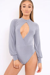 Grey Slinky Key Hole Wrap Front Bodysuit - Tazmin