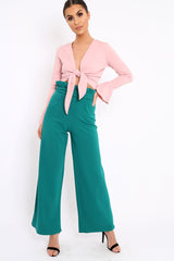 Teal Paper Bag Tie Waist Wide Leg Trousers - Kennedy