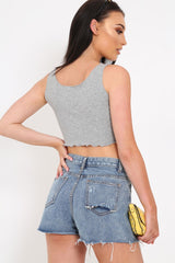 Grey Button Front Crop Top -Teia
