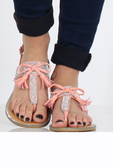 Pink Diamante Bow Detail T-Bar Sandal - Tereza