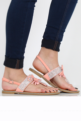 Pink Diamante Bow Detail T-Bar Sandal - Tereza