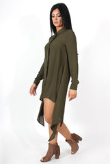 Teri Khaki Dip Hem Shirt Dress