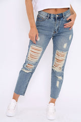 Blue Extreme Distressed Frey Hem Jeans - Terri