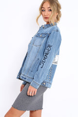 Light Wash Embroidered Studded Denim Jacket - Tes