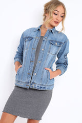 Light Wash Embroidered Studded Denim Jacket - Tes