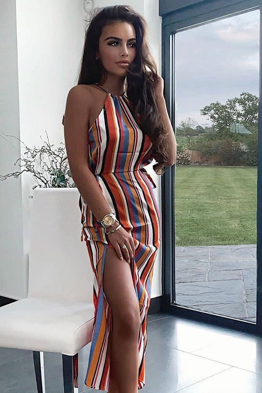 Orange Stripe Halterneck Drawstring Waist Maxi Dress - Melanie
