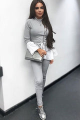 Grey Ribbed Flared Shirt and Leggings Co-ord - Aafiya
