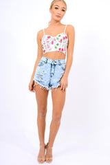 White Mesh Embroidered Cami Crop Top - Thalia