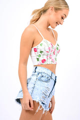 White Mesh Embroidered Cami Crop Top - Thalia