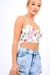 White Mesh Embroidered Cami Crop Top - Thalia