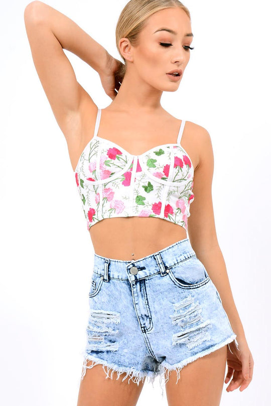 White Mesh Embroidered Cami Crop Top - Thalia