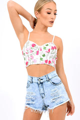 White Mesh Embroidered Cami Crop Top - Thalia