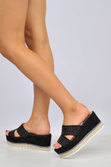Black Diamante Double Strap Flatform Sandals - Thang