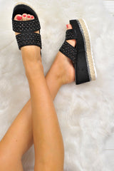 Black Diamante Double Strap Flatform Sandals - Thang
