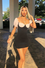 Nude and Black Bow Sleeve Milkmaid Mini Dress - Mylee