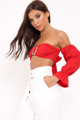 Red Buckle Front Extreme Bardot Crop Top - Theora