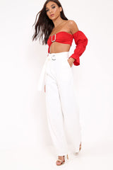 Red Buckle Front Extreme Bardot Crop Top - Theora