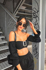 Black Buckle Front Extreme Bardot Crop Top - Theora
