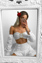 White Buckle Front Extreme Bardot Crop Top - Theora
