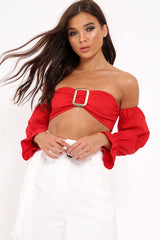 Red Buckle Front Extreme Bardot Crop Top - Theora