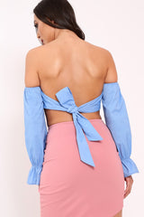 Blue Buckle Front Extreme Bardot Crop Top - Theora