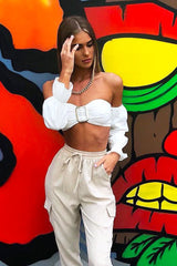 White Buckle Front Extreme Bardot Crop Top - Theora