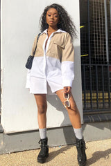 Stone Faux Leather Panel Shirt Dress - Arriya