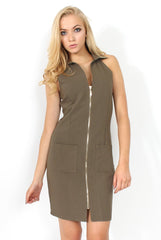 Tia Khaki Plunge Pocket Dress