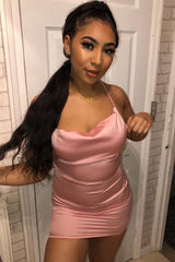 Light Pink Satin Lace Up Bodycon Mini Dress - Sira