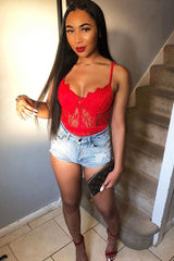 Red Lace Flower Bodysuit - Faylen