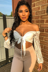 White Lace Puff Sleeve Tie Front Crop Blouse - Nishka