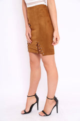 Tan Lace Up Suedette Mini Skirt - Tiara