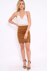 Tan Lace Up Suedette Mini Skirt - Tiara